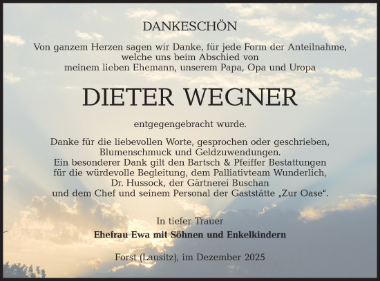 Traueranzeige von Dieter Wegner von Lausitzer Rundschau