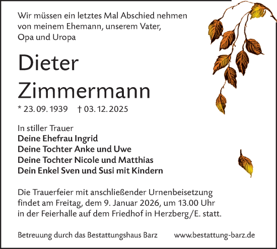 Traueranzeige von Dieter Zimmermann von Lausitzer Rundschau