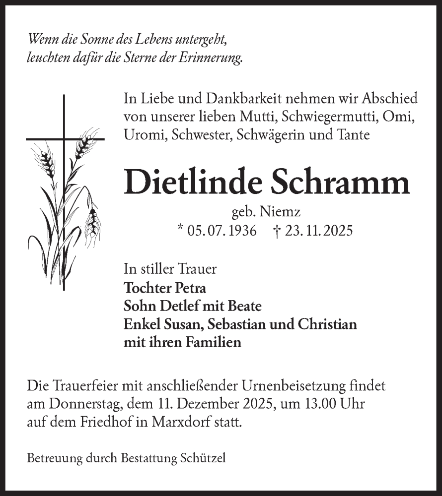 Traueranzeige für Dietlinde Schramm vom 06.12.2025 aus Lausitzer Rundschau