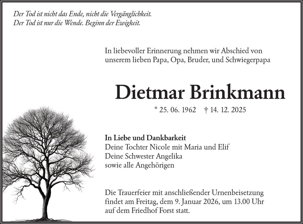  Traueranzeige für Dietmar Brinkmann vom 27.12.2025 aus Lausitzer Rundschau