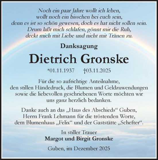 Traueranzeige von Dietrich Gronske von Lausitzer Rundschau