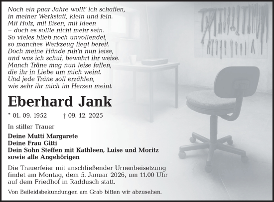 Traueranzeige von Eberhard Jank von Lausitzer Rundschau