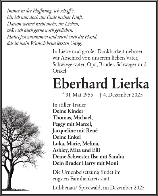 Traueranzeige von Eberhard Lierka von Lausitzer Rundschau