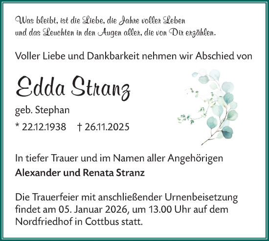 Traueranzeige von Edda Stranz von Lausitzer Rundschau