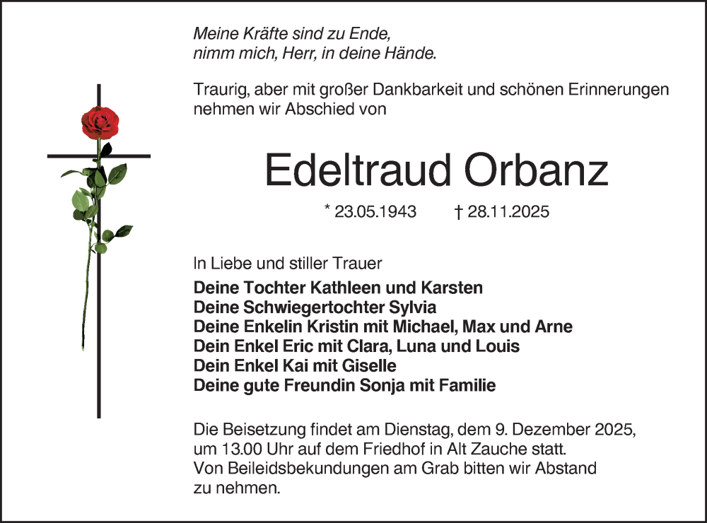  Traueranzeige für Edeltraud Orbanz vom 06.12.2025 aus Ausg. LR Spreewald RS
