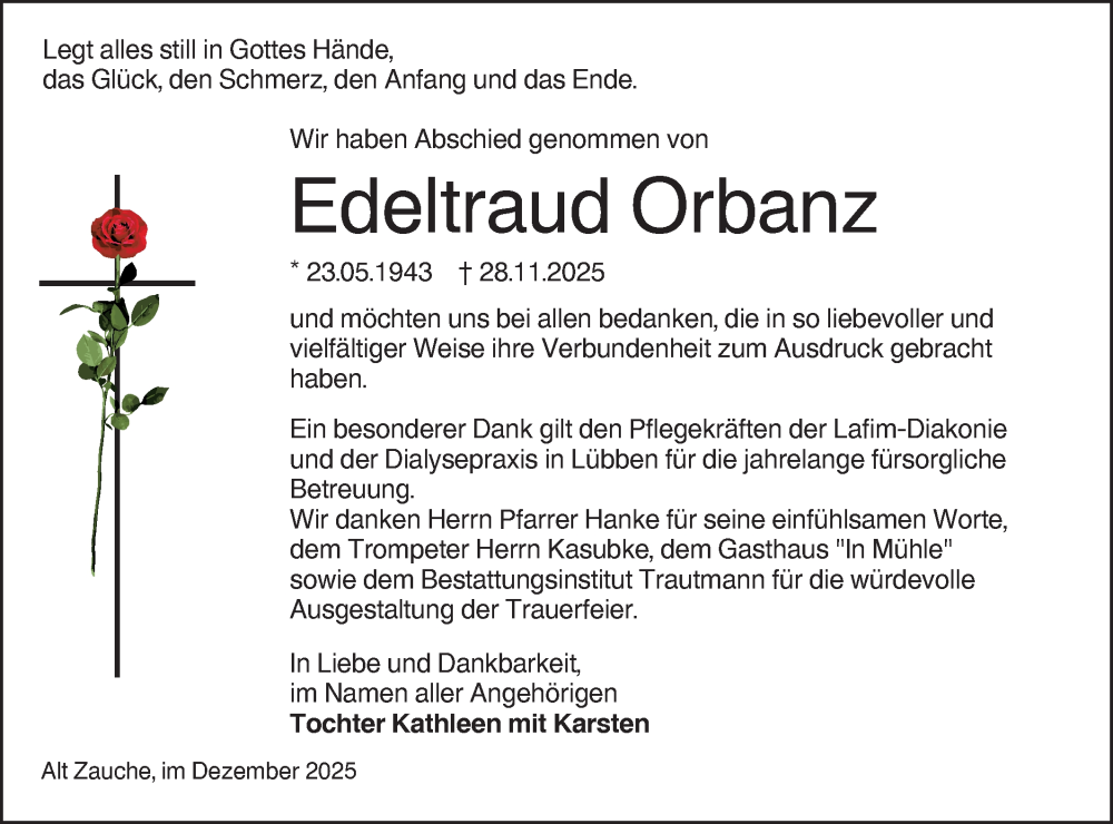  Traueranzeige für Edeltraud Orbanz vom 20.12.2025 aus Lausitzer Rundschau