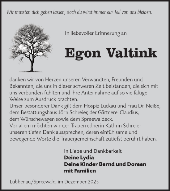 Traueranzeige von Egon Valtink von Lausitzer Rundschau