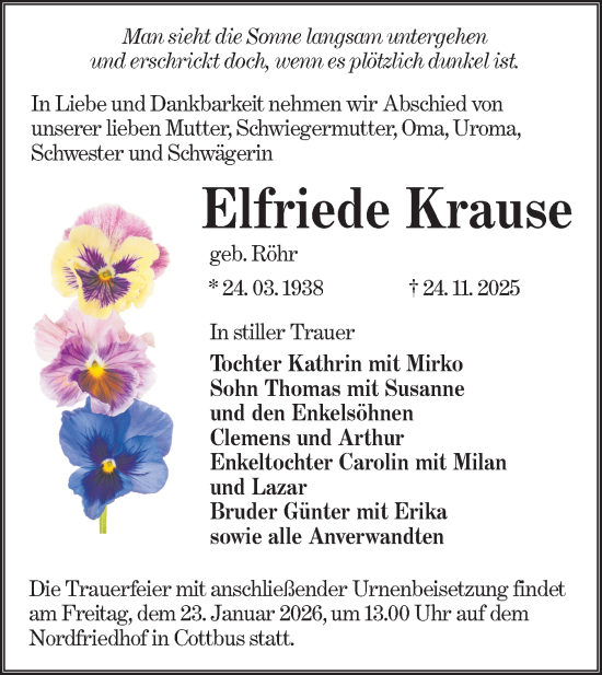Traueranzeige von Elfriede Krause von Lausitzer Rundschau