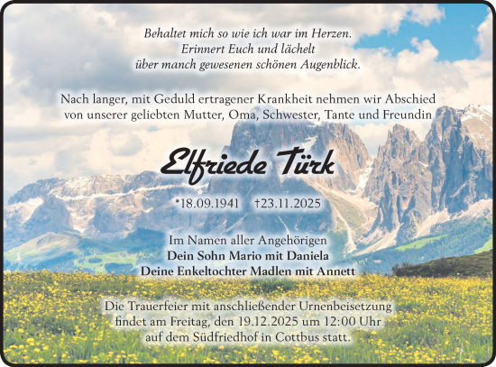 Traueranzeige von Elfriede Türk von Lausitzer Rundschau
