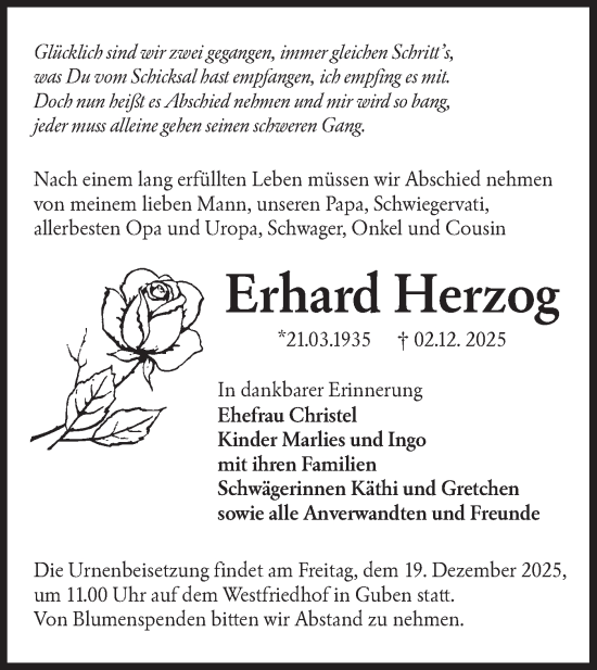 Traueranzeige von Erhard Herzog von Lausitzer Rundschau
