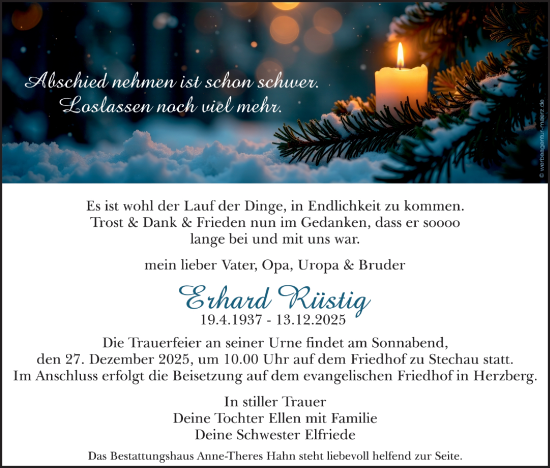 Traueranzeige von Erhard Rüstig von Lausitzer Rundschau