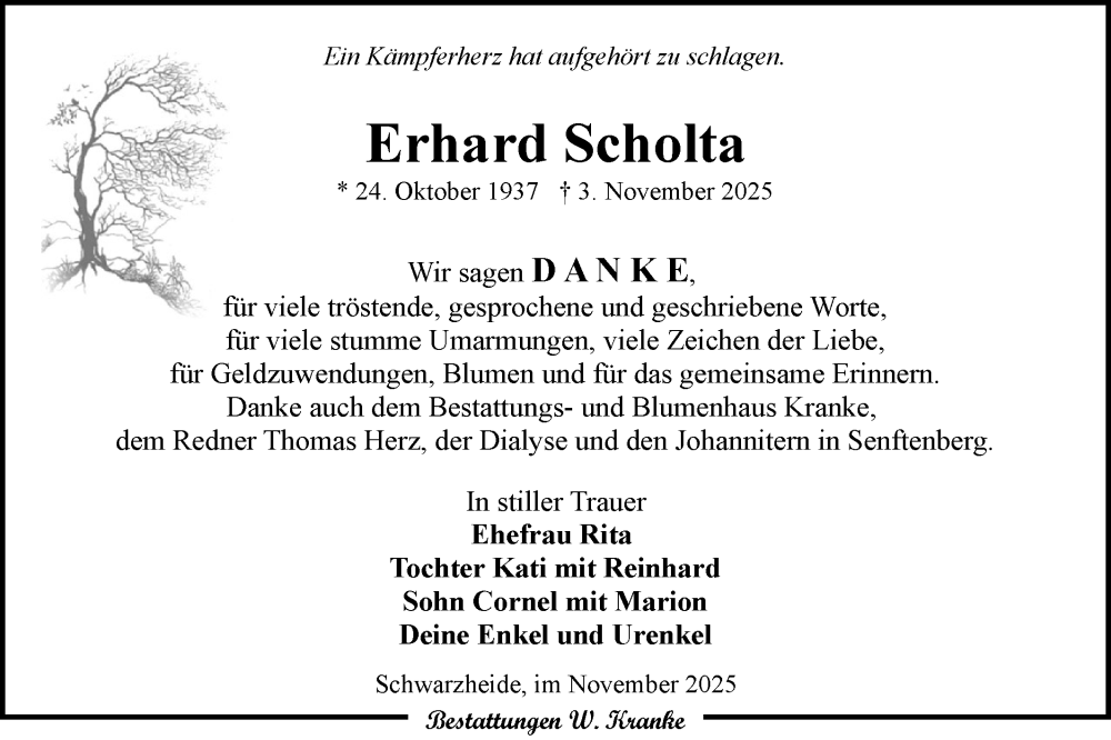  Traueranzeige für Erhard Scholta vom 06.12.2025 aus Lausitzer Rundschau