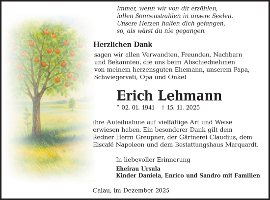 Traueranzeige von Erich Lehmann von Ausg. LR Spreewald RS
