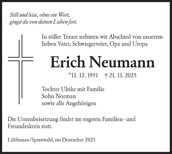 Traueranzeige von Erich Neumann von Lausitzer Rundschau