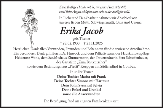Traueranzeige von Erika Jacob von Lausitzer Rundschau