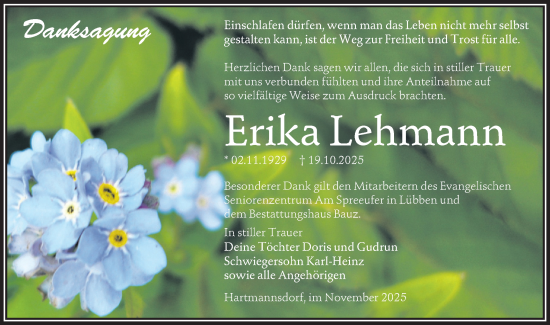 Traueranzeige von Erika Lehmann von Lausitzer Rundschau
