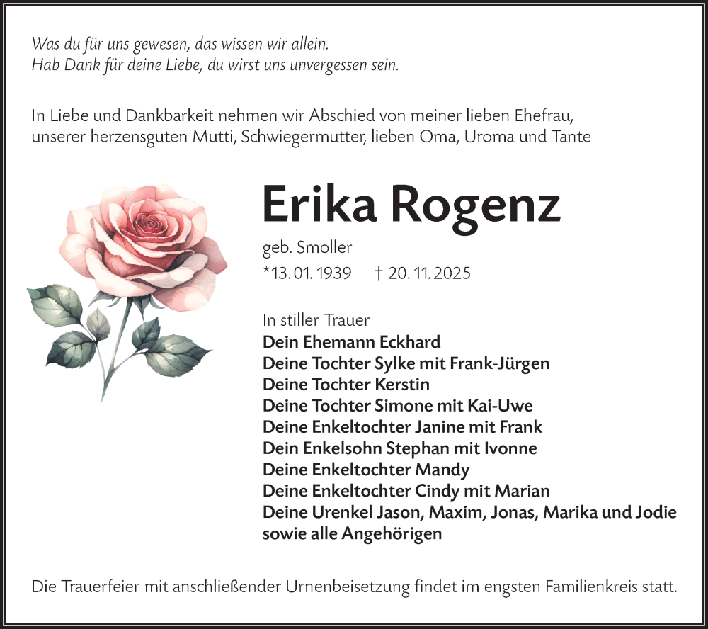  Traueranzeige für Erika Rogenz vom 13.12.2025 aus Lausitzer Rundschau