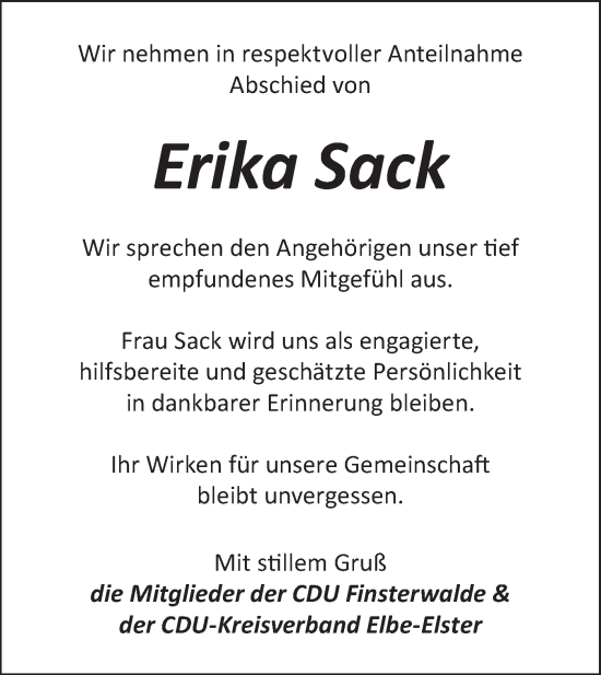 Traueranzeige von Erika Sack von Lausitzer Rundschau