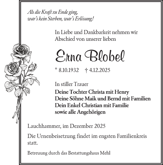 Traueranzeige von Erna Blobel von Lausitzer Rundschau