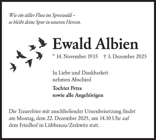 Traueranzeige von Ewald Albien von Lausitzer Rundschau