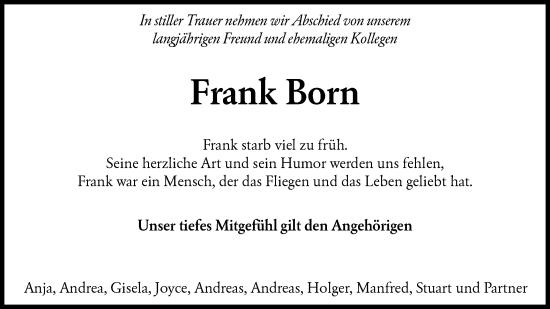 Traueranzeige von Frank Born von Lausitzer Rundschau