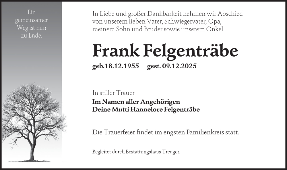  Traueranzeige für Frank Felgenträbe vom 20.12.2025 aus Lausitzer Rundschau