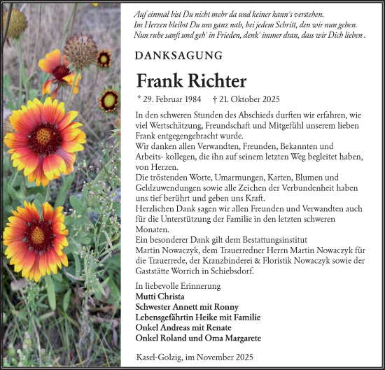 Traueranzeige von Frank Richter von Lausitzer Rundschau