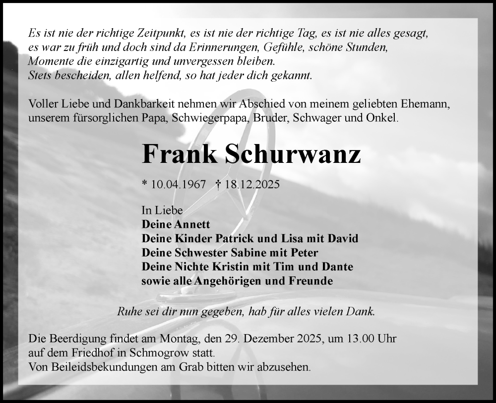  Traueranzeige für Frank Schurwanz vom 27.12.2025 aus Ausg. LR Spreewald RS