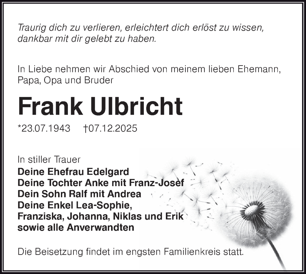  Traueranzeige für Frank Ulbricht vom 13.12.2025 aus Lausitzer Rundschau