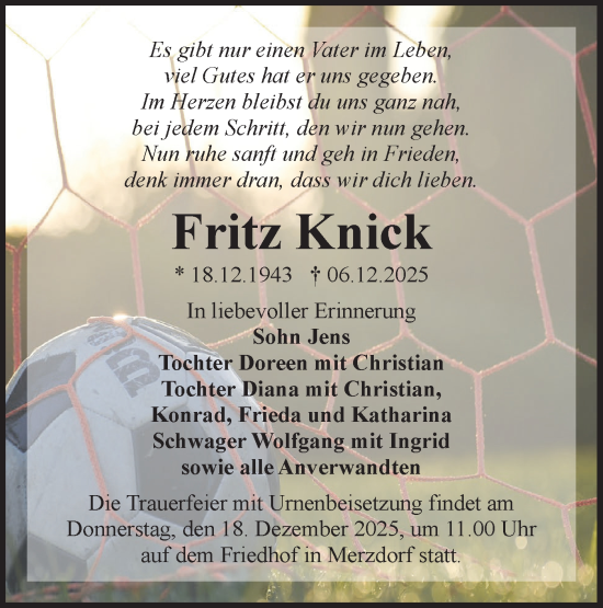 Traueranzeige von Fritz Knick von Lausitzer Rundschau