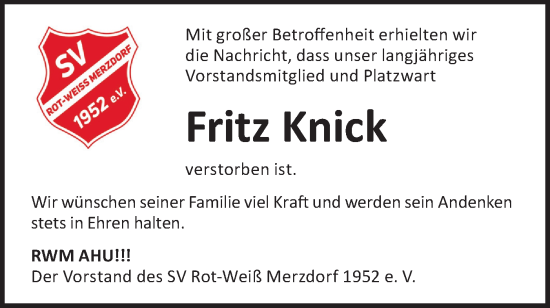 Traueranzeige von Fritz Knick von Lausitzer Rundschau