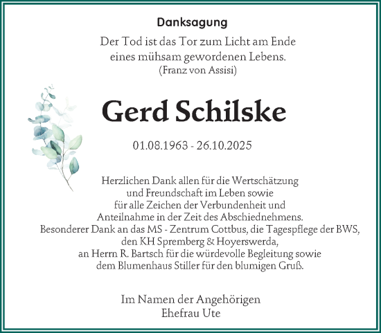 Traueranzeige von Gerd Schilske von Lausitzer Rundschau