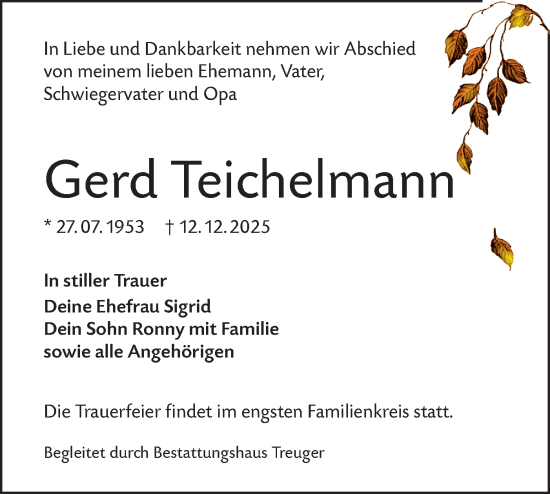 Traueranzeige von Gerd Teichelmann von Lausitzer Rundschau