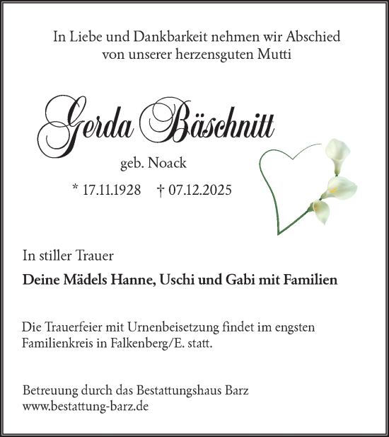 Traueranzeige von Gerda Bäschnitt von Lausitzer Rundschau