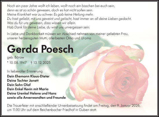 Traueranzeige von Gerda Poesch von Lausitzer Rundschau
