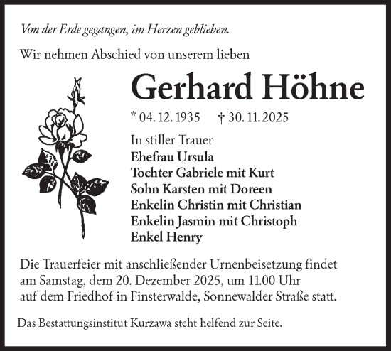 Traueranzeige von Gerhard Höhne von Lausitzer Rundschau