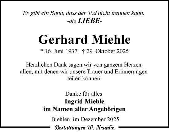 Traueranzeige von Gerhard Miehle von Lausitzer Rundschau