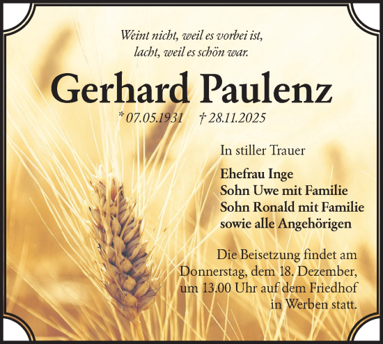 Traueranzeige von Gerhard Paulenz von Lausitzer Rundschau