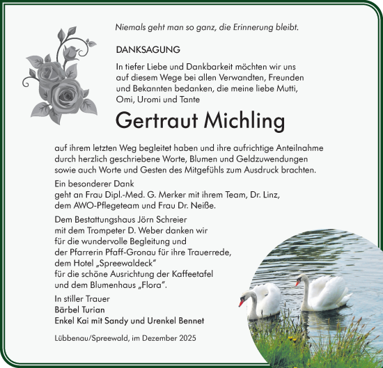 Traueranzeige von Gertraut Michling von Ausg. LR Spreewald RS