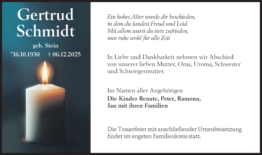  Traueranzeige für Gertrud Schmidt vom 13.12.2025 aus Lausitzer Rundschau