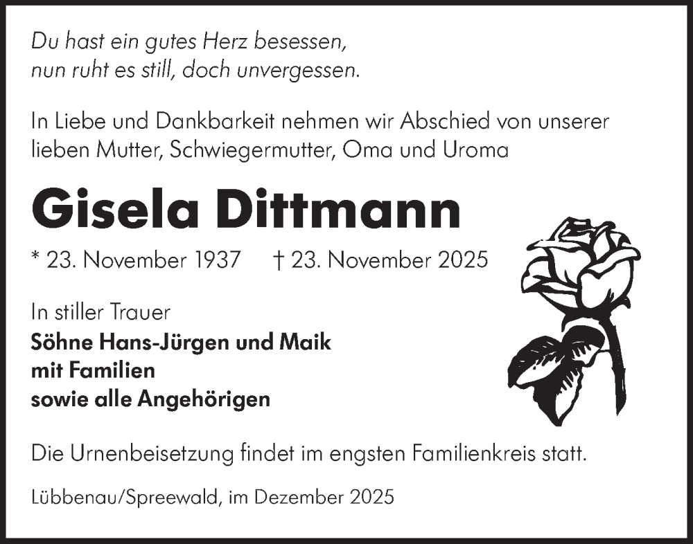  Traueranzeige für Gisela Dittmann vom 06.12.2025 aus Lausitzer Rundschau