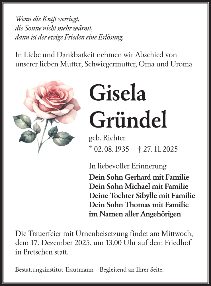  Traueranzeige für Gisela Gründel vom 13.12.2025 aus Lausitzer Rundschau