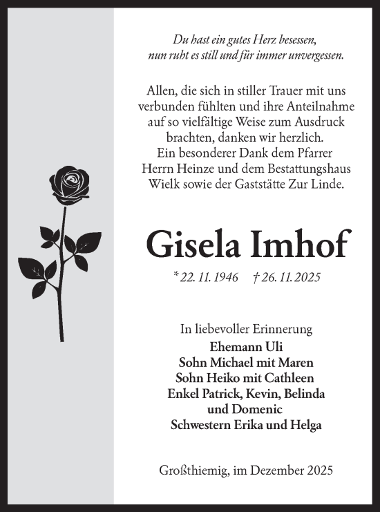 Traueranzeige von Gisela Imhof von Lausitzer Rundschau