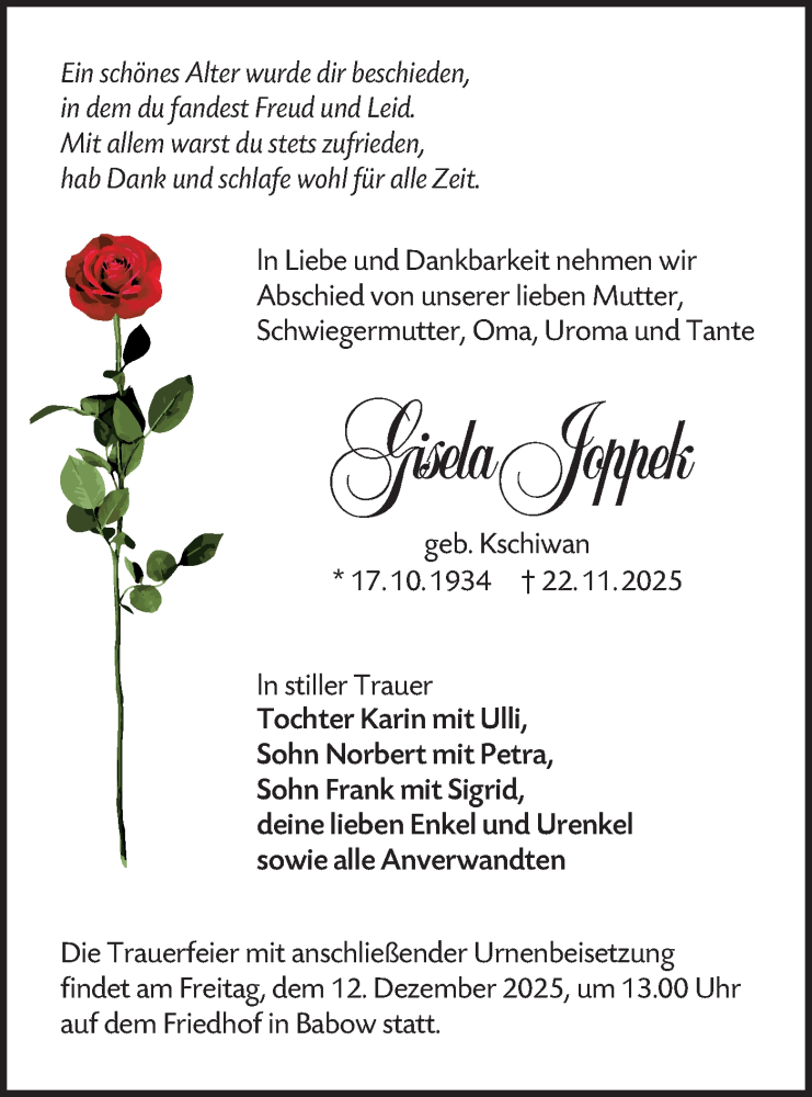  Traueranzeige für Gisela Joppek vom 06.12.2025 aus Lausitzer Rundschau