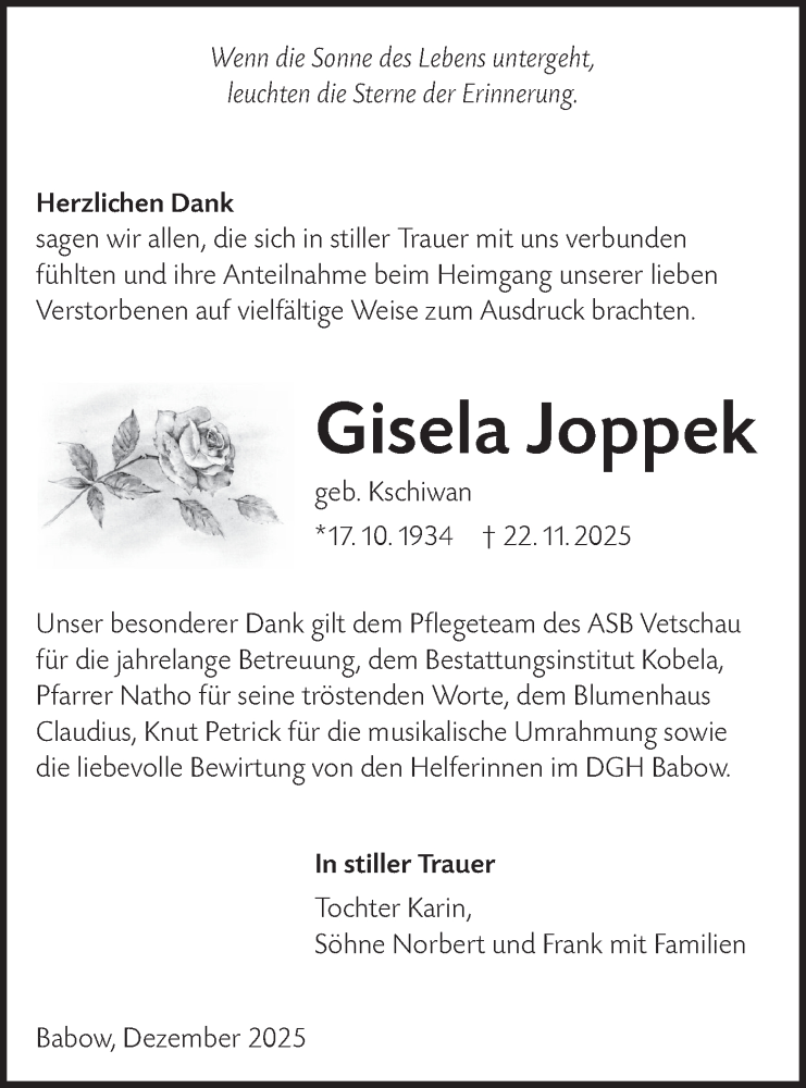  Traueranzeige für Gisela Joppek vom 20.12.2025 aus Lausitzer Rundschau