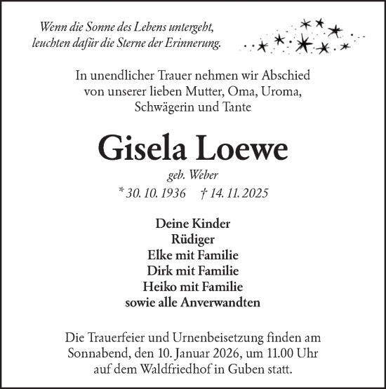 Traueranzeige von Gisela Loewe von Lausitzer Rundschau