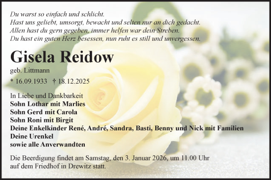 Traueranzeige von Gisela Reidow von Lausitzer Rundschau