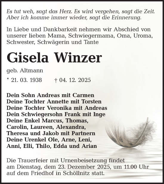 Traueranzeige von Gisela Winzer von Lausitzer Rundschau
