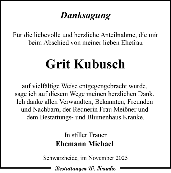 Traueranzeige von Grit Kubusch von Lausitzer Rundschau