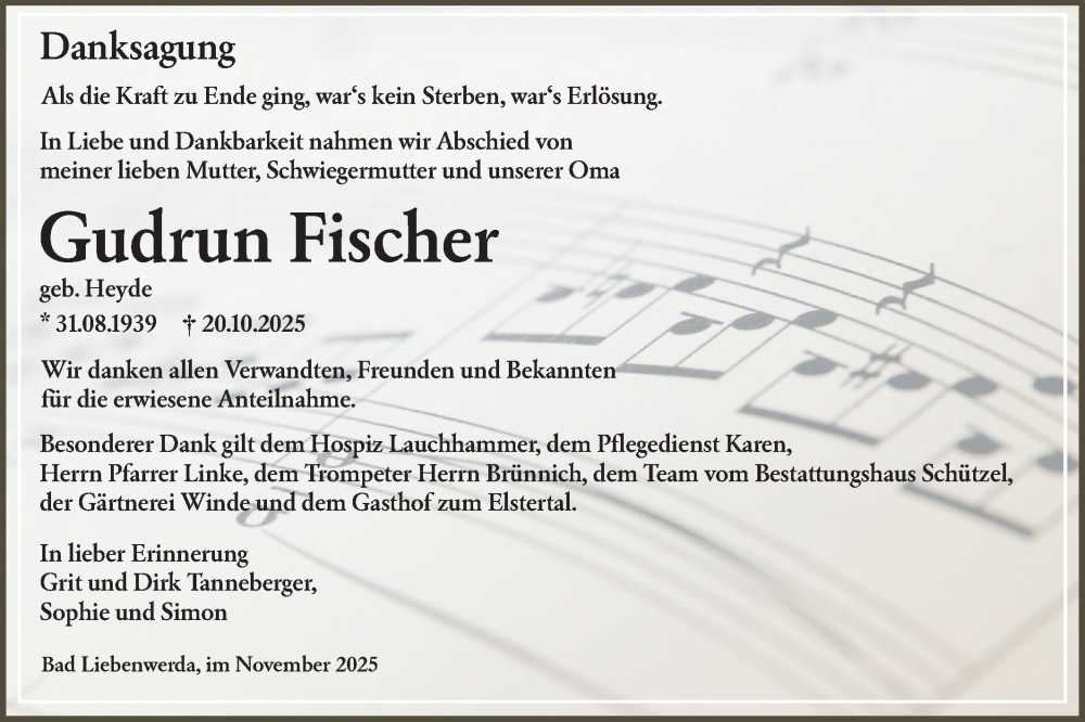  Traueranzeige für Gudrun Fischer vom 20.12.2025 aus Lausitzer Rundschau